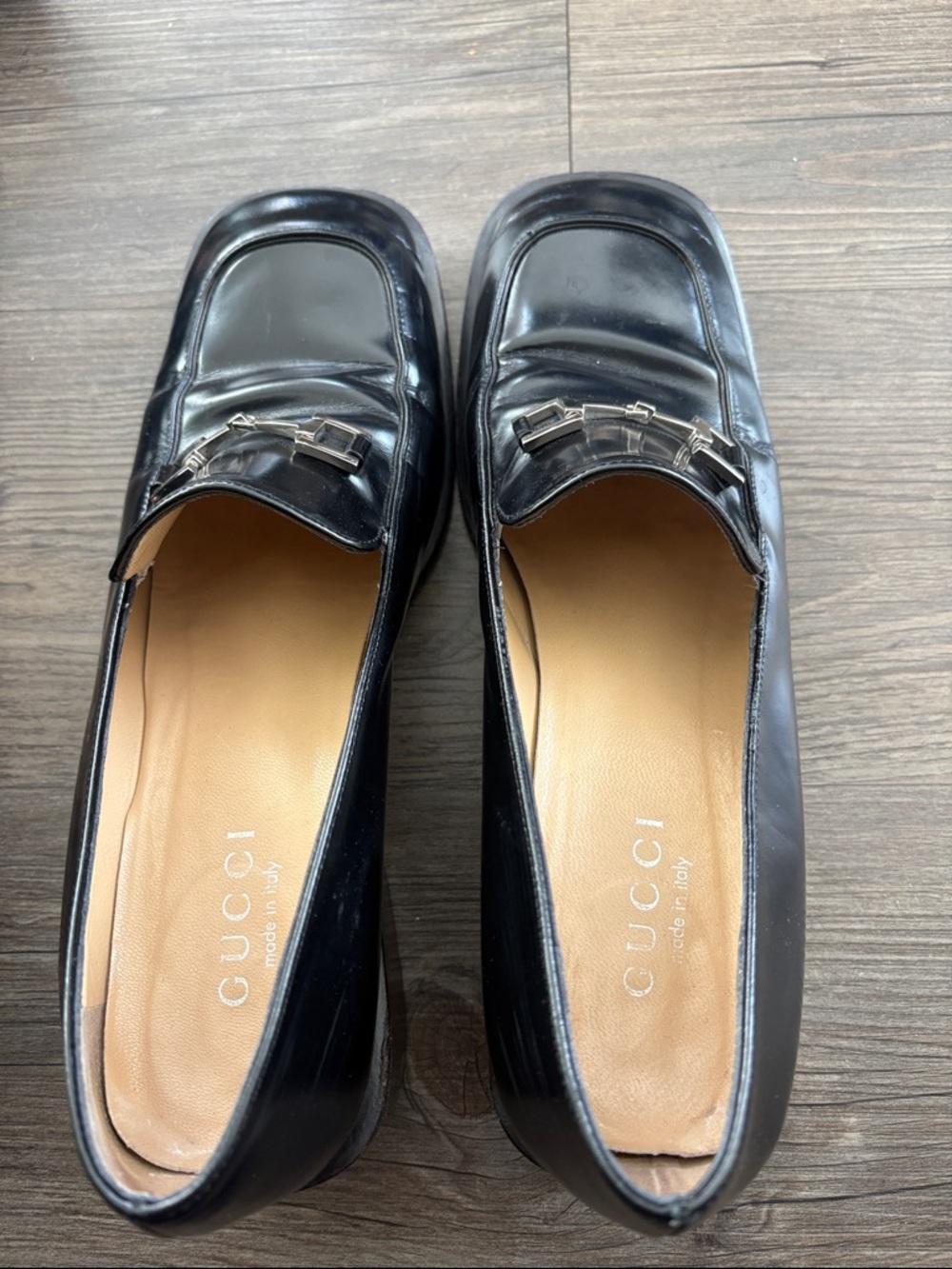 Vintage Gucci Leather Loafers Block Heels Black with Silver Horsebit Detail 9B - Picture 8 of 11